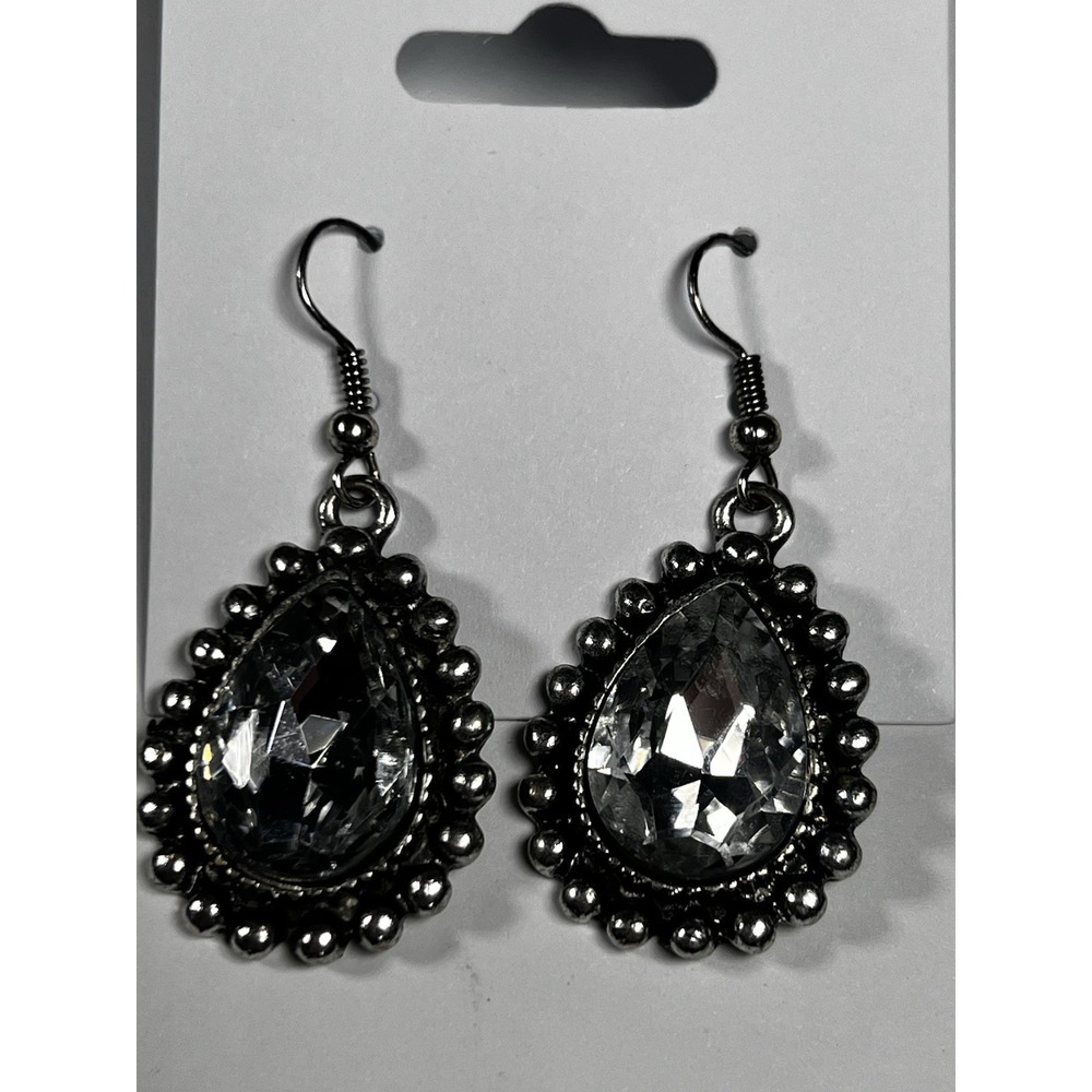 Elegant Crystal Teardrop Dangle Earrings Silver Tone